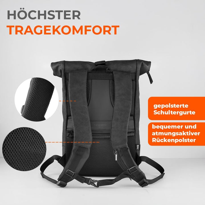 LANGENBERG NAP Rucksack Rolltop | Premium Laptop Rucksack mit cleverer Fächeraufteilung inkl. atmung