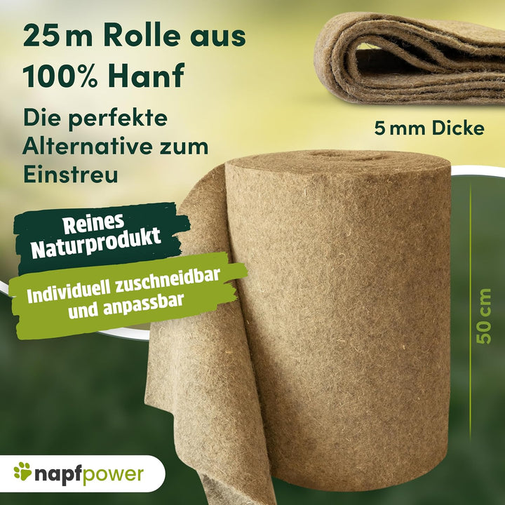 Hanfmatte auf 25 Meter Rolle x 50 cm breite | 5 mm Dicker Nagerteppich aus 100% Hanf | kompostierbar