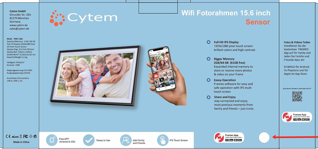Cytem Digitaler Bilderrahmen 15.6 Zoll mit WLAN & Frameo App, 64GB Speicher, Bewegungssensor, automa