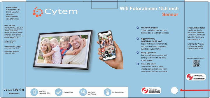 Cytem Digitaler Bilderrahmen 15.6 Zoll mit WLAN & Frameo App, 64GB Speicher, Bewegungssensor, automa