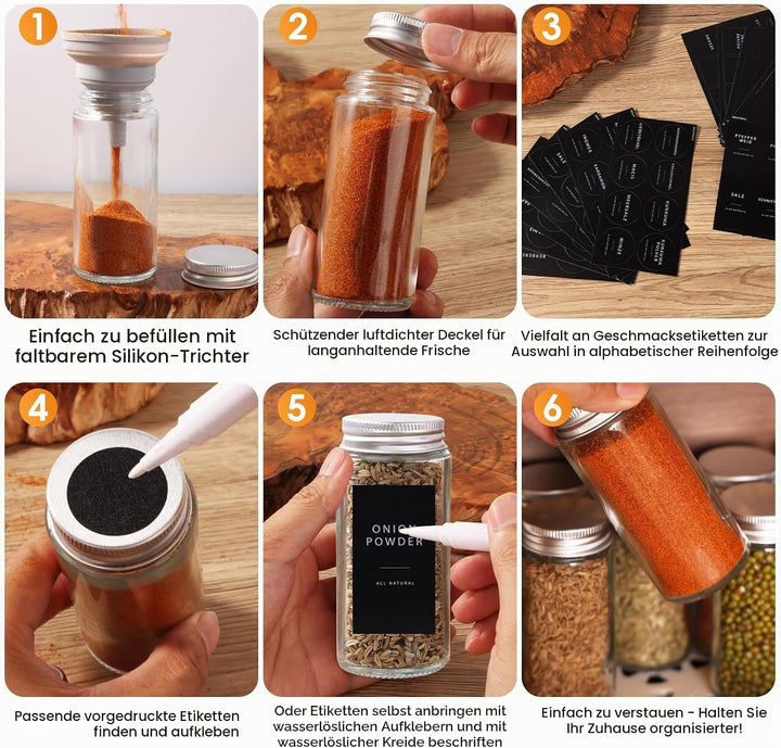 24er Gewürzgläser Rund Set mit Streueinsatz, 120ml Gewürzdosen Glas, Gewürzbehälter Spice Jars, Gewü
