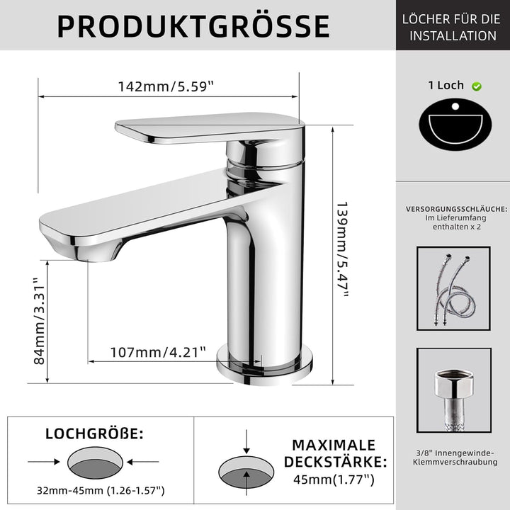 BELZ Wasserhahn Bad Einhebel Mischbatterie aus Messing, Wasserhahn fürs Badezimmer, Wassersparend &