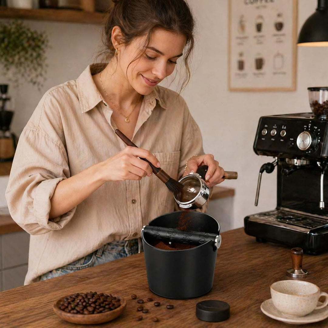 Klopfbehälter mit Barista-Bürste, Kaffeesatz-Auffangbehälter für Siebträger, stossdämpfendes Design,