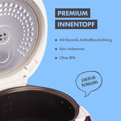 REISHUNGER Digitaler Reiskocher & Dampfgarer Weiss | 1,5 L bis 8 Personen | Warmhaltefunktion, Timer