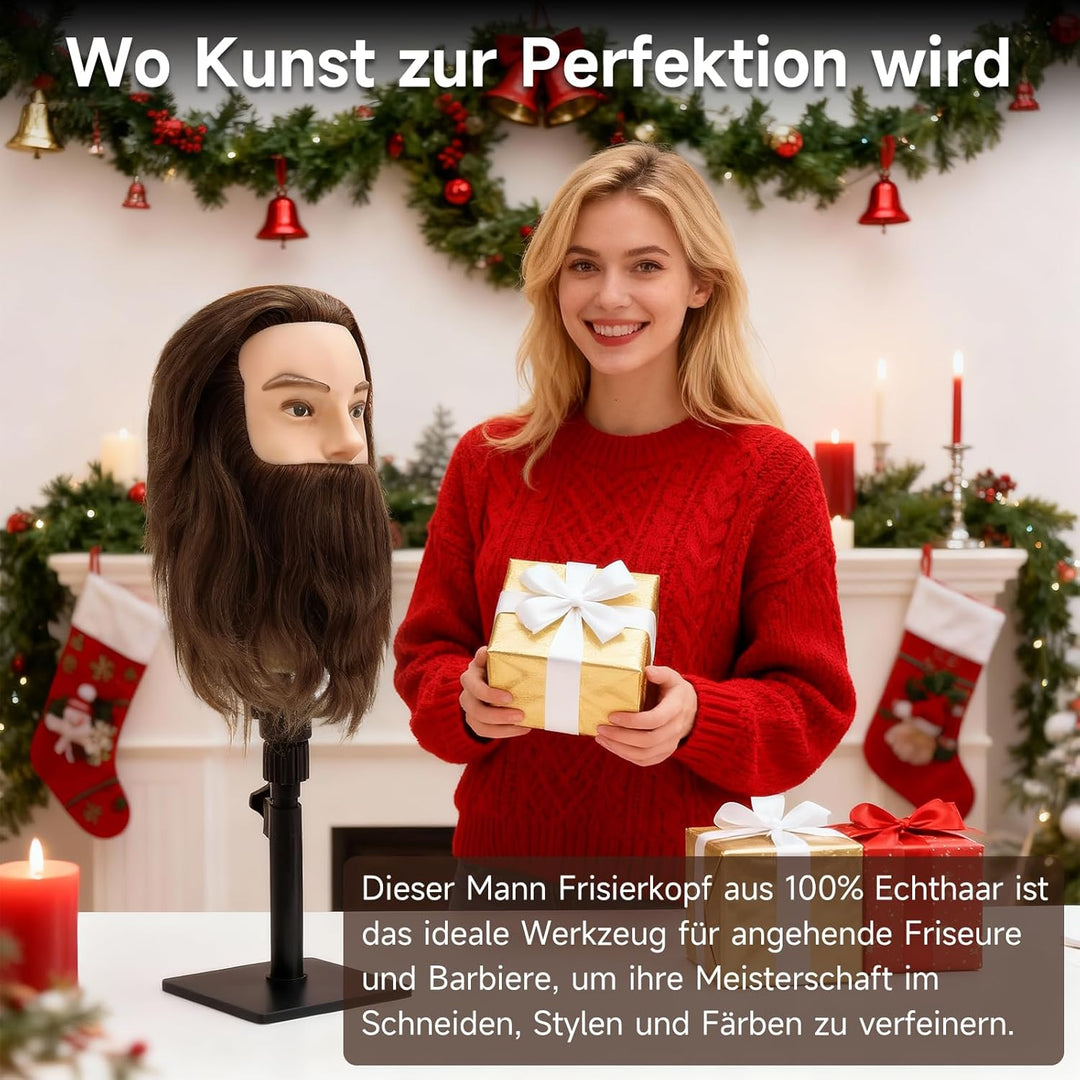 TwoWin 12 Zoll (30.5 cm) Mann Frisierkopf 100% Echthaar mit Bart, Frisurenkopf Männlicher Haarschnit
