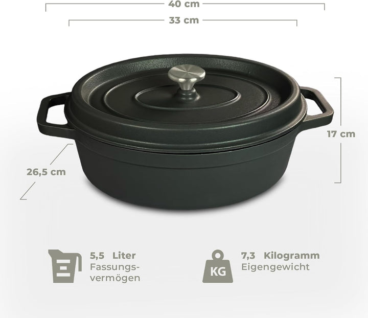 Bräter oval Gusseisen Schmortopf mit Tropfdeckel dunkelgrau 33 cm oval dunkelgrau, oval dunkelgrau