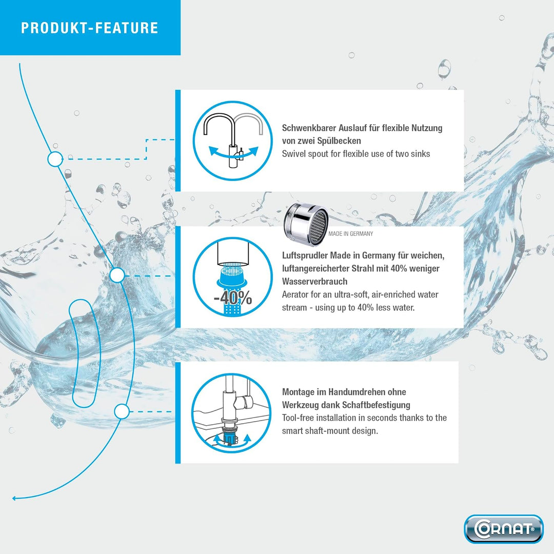 Cornat Spültisch-Einhebelarmatur "Zelina" - Hochwertiger Messingkörper - Granit schwarz / verchromt