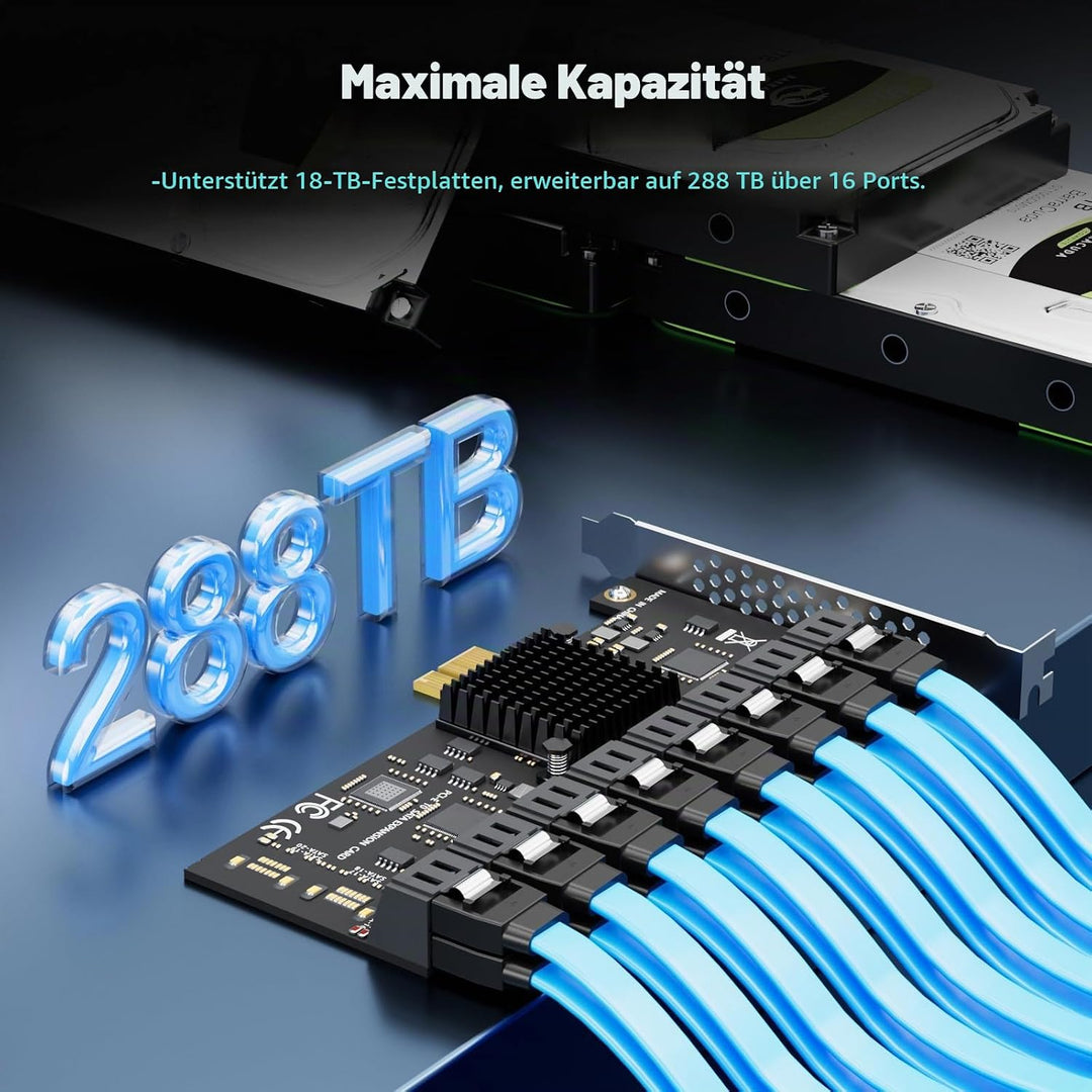 glotrends PCIe SATA Adapterkarte mit 16 Port SATA III 6Gbps (inklusive SATA Kabel und 15PIN SATA Spl