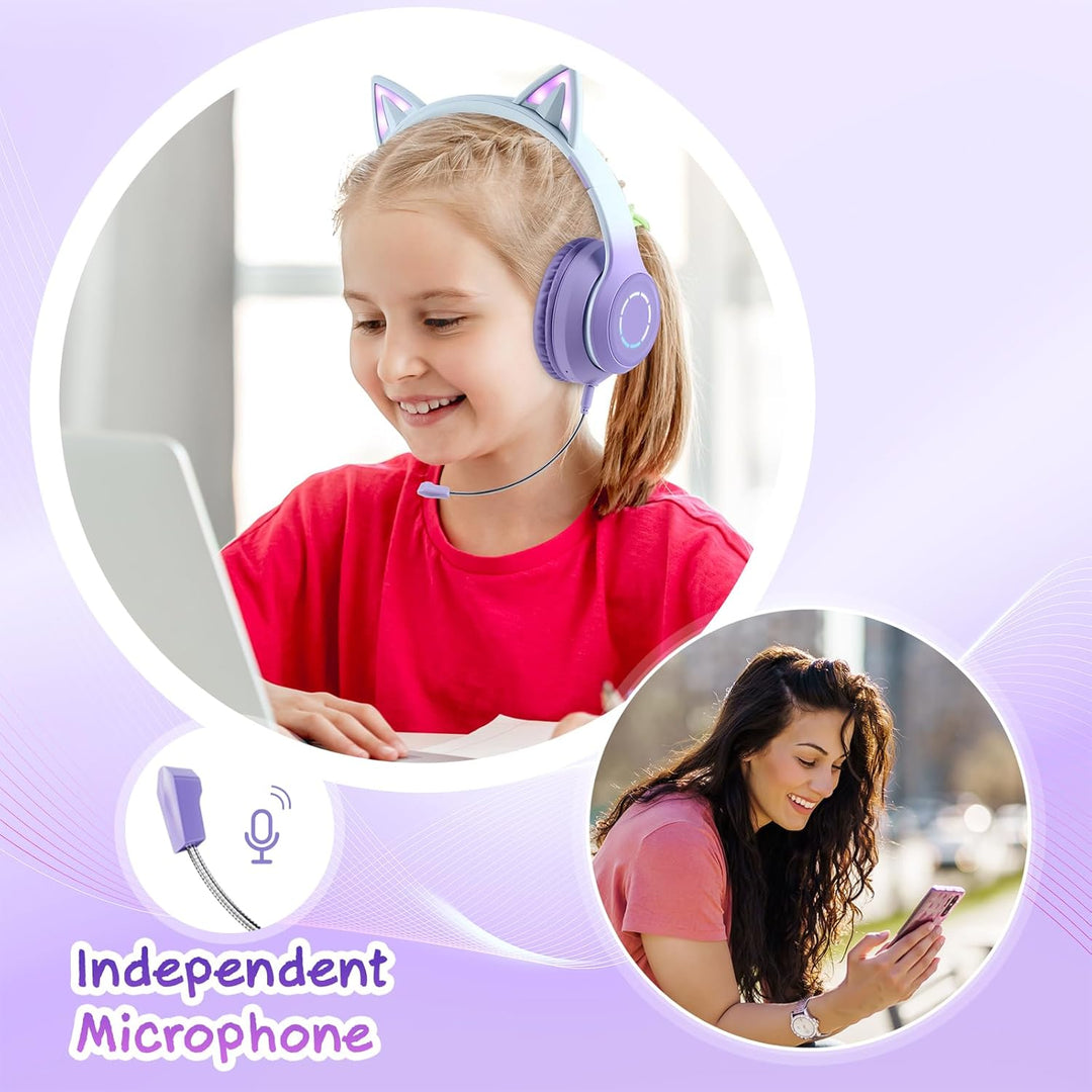 Sendowtek Kinder Kopfhörer, Mädchen Bluetooth Kopfhörer Over Ear Katze Kinderkopfhörer mit Abnehmbar