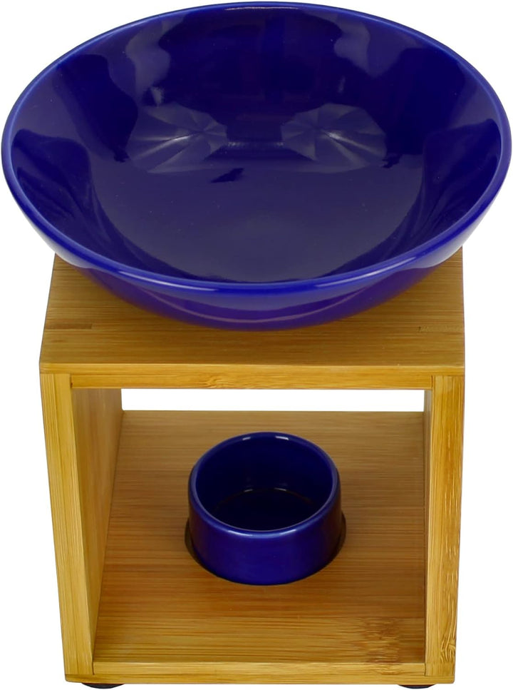 Bitto Duftlampe Malmö Blau mit Kerze, grosse Schale, Fair Trade, Aromalampe aus Bambusholz und Keram