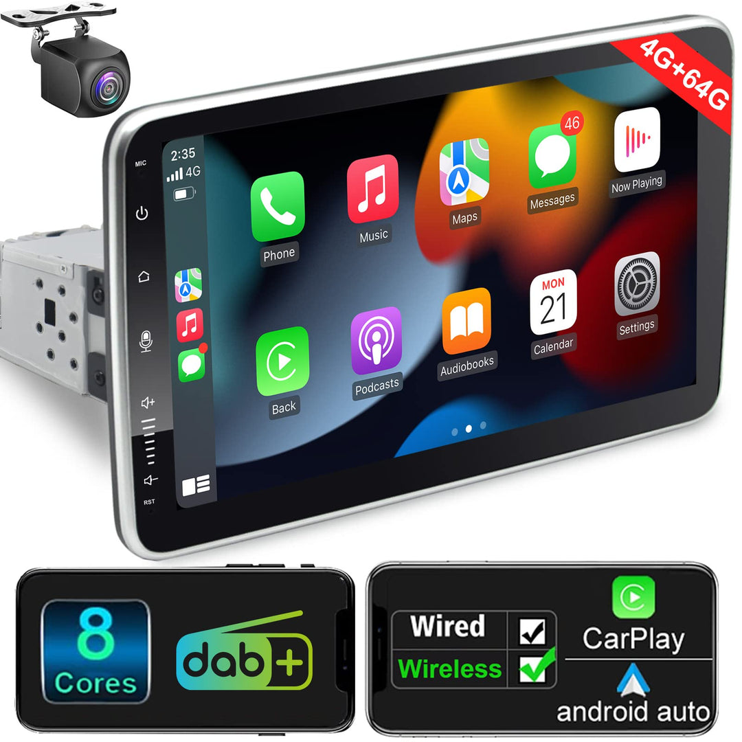 Android Autoradio mit Navi 10.1 Zoll Bildschirm Eingebaut DAB+ Wireless Auto & Carplay 1 Din Radio T