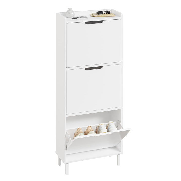 SoBuy Schuhschrank schmal mit 3 Klappen Platzsparender Schuhkipper Hoch Kommode Schuhregal geschloss