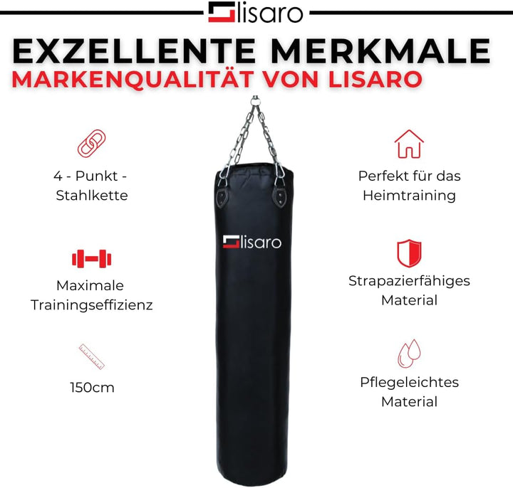 Lisaro Profi Boxsack 120/150 cm gefüllt/ungefüllt | Sandsack in Studioqualität für Boxen, Kickboxen