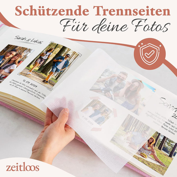Fotoalbum zum Einkleben - Platz für 150 Fotos - echtes Leinen - Fotobuch 21 x 28 cm in Rosa - 50 wei