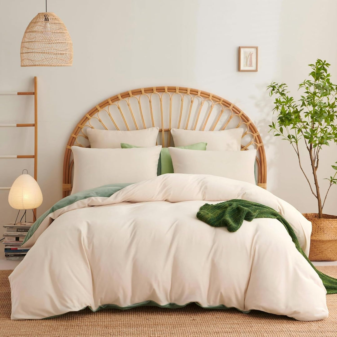Freyamy Plüsch Bettwäsche 135x200cm 2Teilig Beige Grün Samt Biber Cashmere Touch Winterbettwäsche Fl