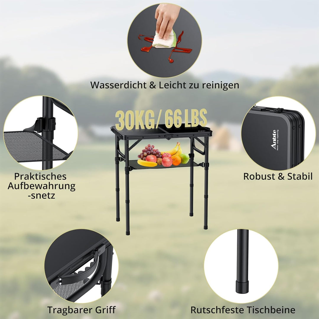 Anbte Campingtisch Klappbar 58x40cm Aluminium Silber-Rahmen Picknicktisch 3 Höhen Verstellbar 26/48/