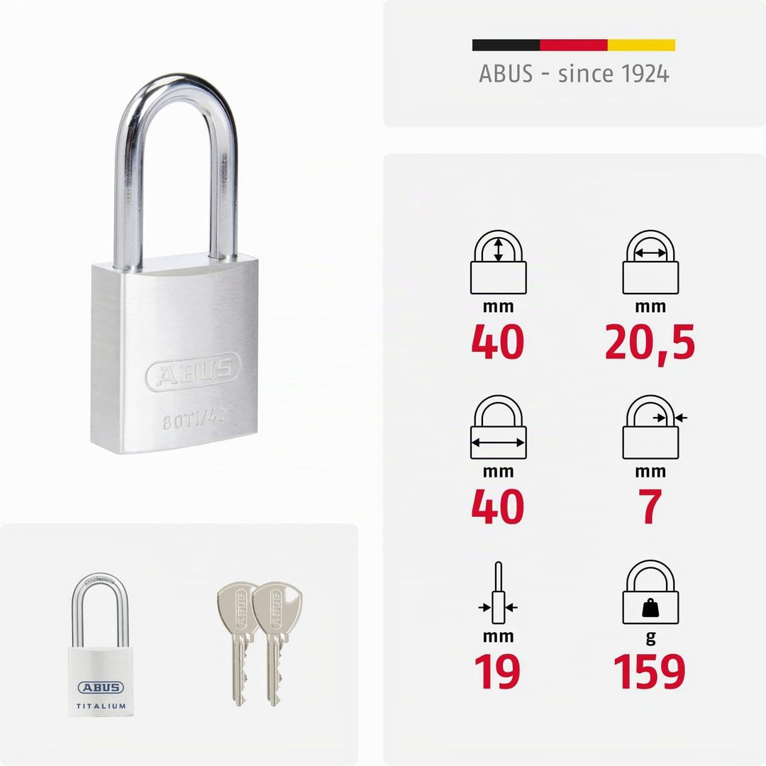 ABUS Titalium Vorhängeschloss 80TI/40HB40 gl.-8011 - gleichschliessend und mit hohem Bügel - leichte