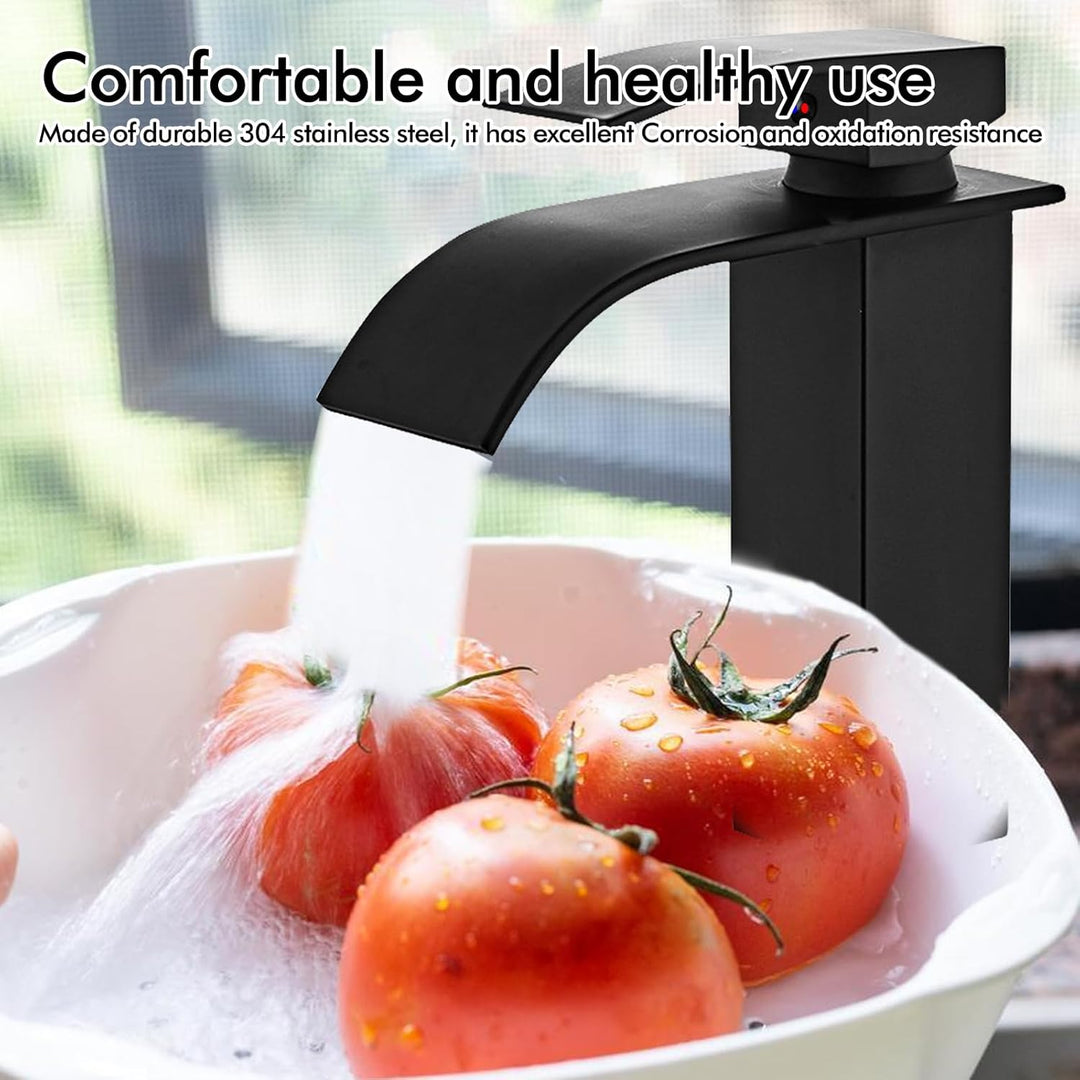 Touch-On Wasserhahn Bad Schwarz - Mattierte Wasserfall-Armatur mit Fingerprint-Schutz | Einhebelmisc