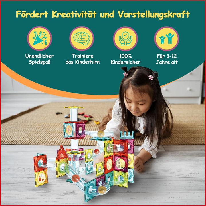 Olvy Magnetische Bausteine Montessori Spielzeug - 100 Magnetic Tiles Kinder - Murmelbahn Magnetische