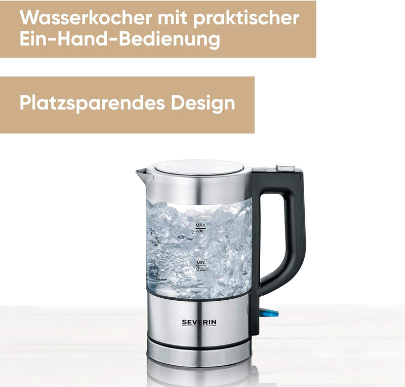 SEVERIN Mini Glas Wasserkocher, leistungsstarker und kompakter Wasserkocher in hochwertigem Design,