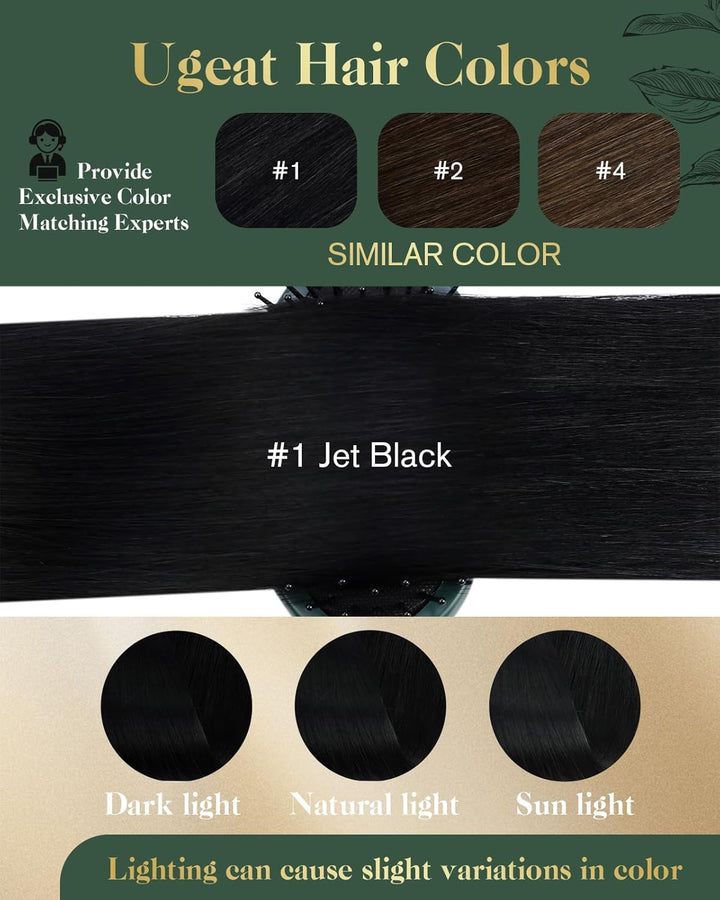 Ugeat 18Zoll/45cm Echthaar Extensions Clip in Schwarz Echte Haare Tressen Extensions 7Stück Clip in