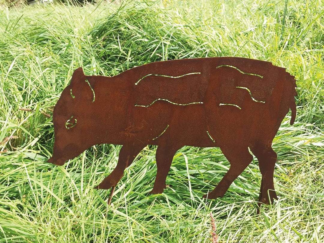 STEINFIGURENWELT GIEBEN 2er Set Frischlinge 30cm hoch zum Stecken Gartenstecker Wildschwein Edelrost