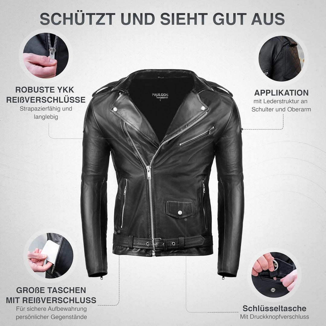 Herren Biker Lederjacke Echtes Leder Jacke Echtleder Gr. S-7XL, S
