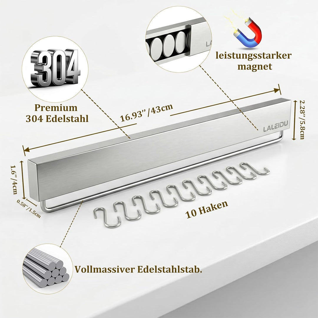 Magnetleiste Messer 43cm- Starker Magnetischer Messerhalter mit 10 Haken- Edelstahl Magnetleiste zum