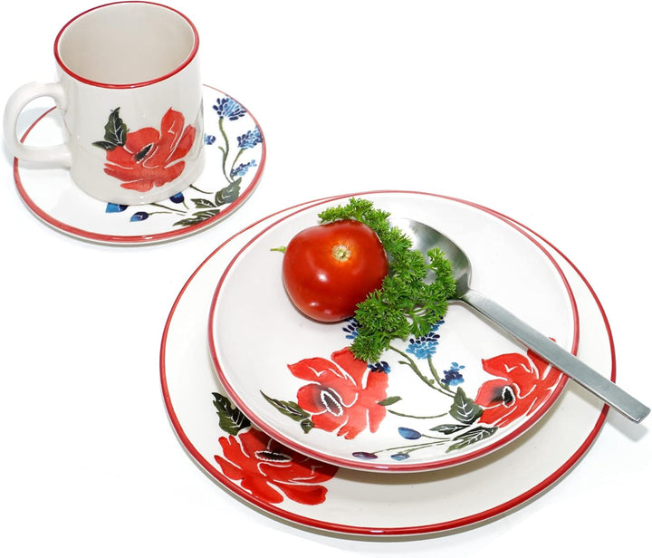 Lashuma Frühstücksteller 4er Set, flache Kuchenteller bunt Mohnblume, Keramikteller rund 15 cm Ø 15
