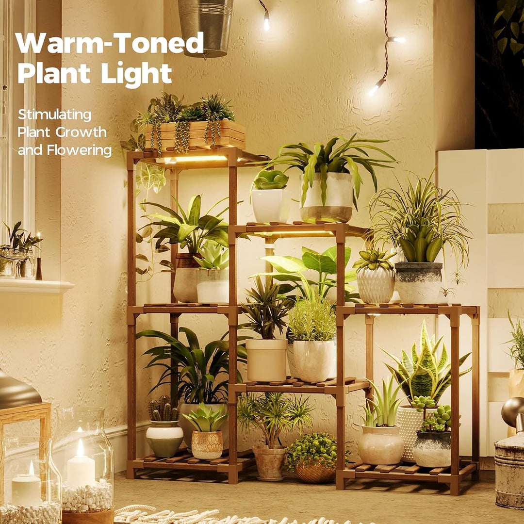 Bamworld Blumenständer mit Pflanzenlampe, 6-stöckiges Pflanzenregal aus Holz mit LED Grow Light, Pfl