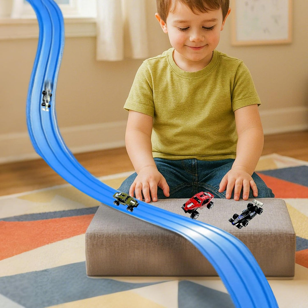 4M Blau Rennbahn, Autospiele Rennstrecke Spielzeug, Autorennbahn mit Slots und Zubehör, Rennstrecke