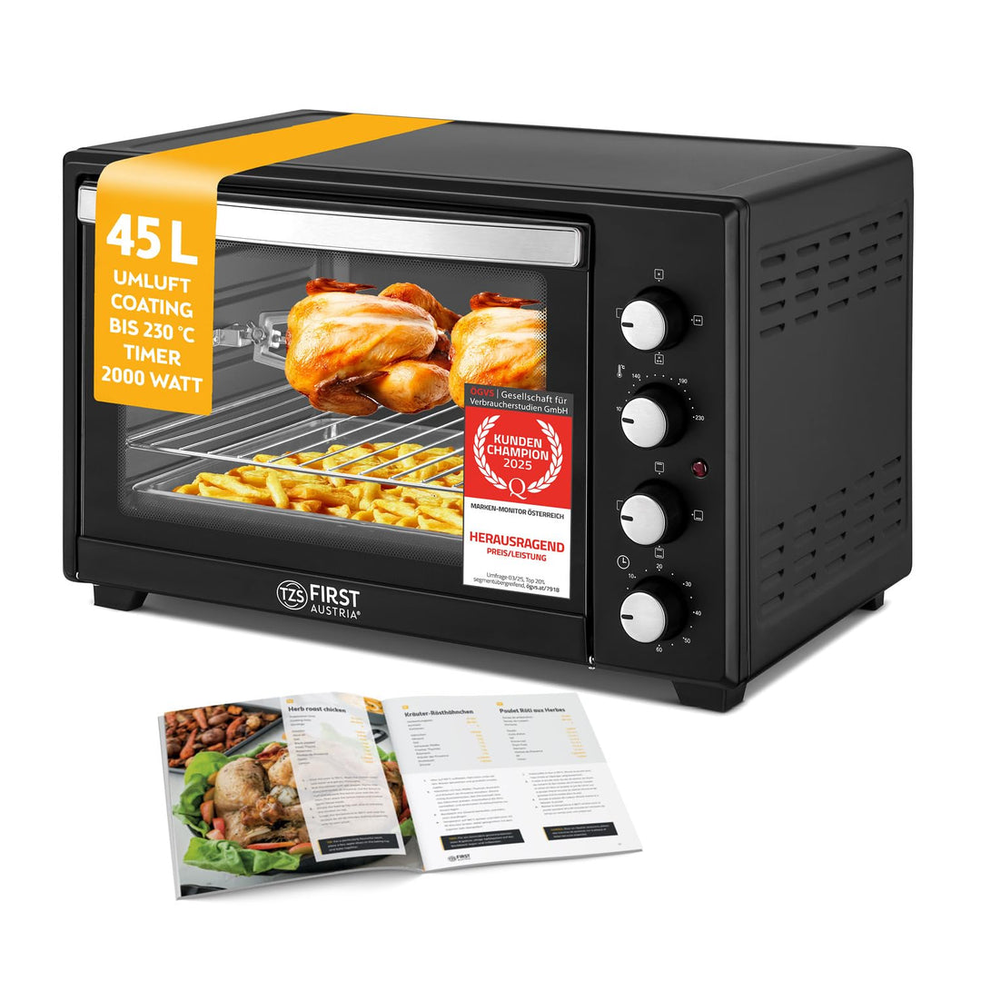 TZS First Austria Minibackofen, 2000 Watt, 45L, mit Innenbeleuchtung, Umluft-Funktion, Drehspiess fü