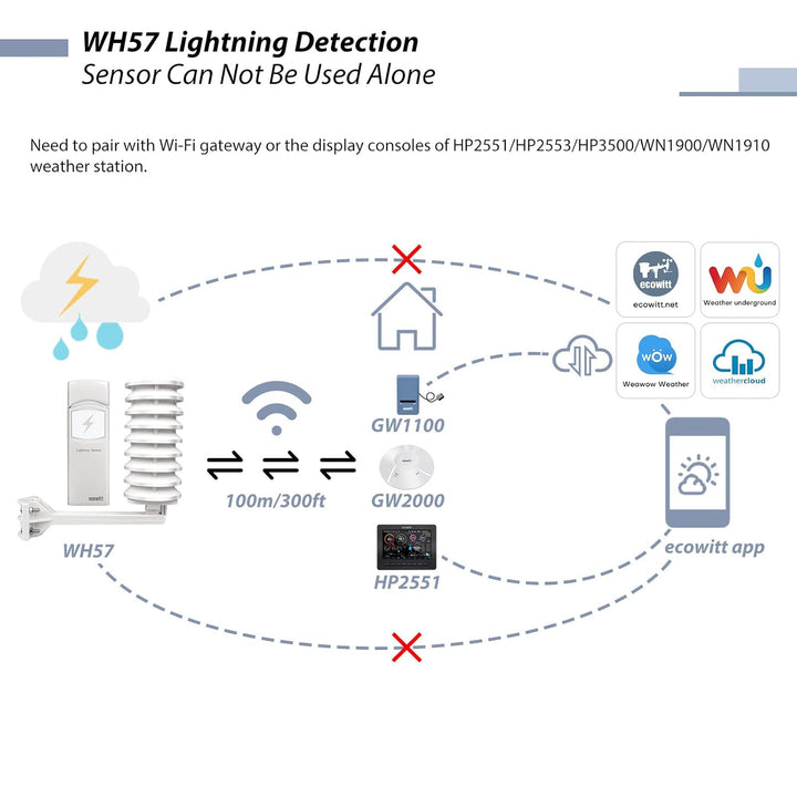 Ecowitt Wireless Lightning Detector Sensor WH57, Wetterstation Aussensensor für Ecowitt Ecosystem, n