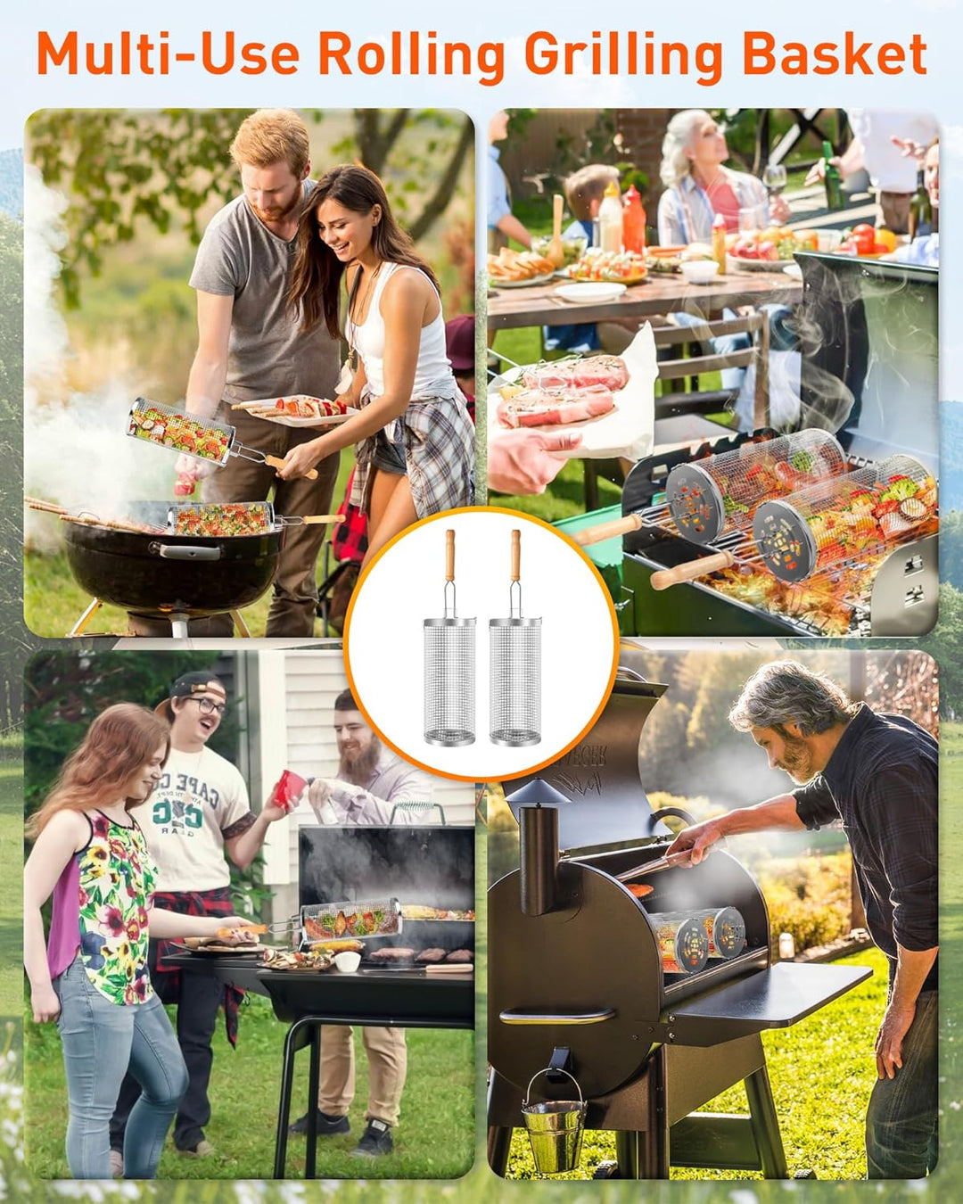 OWZ Rollendes Grillkorb Set - 2 Stück Grillkorb Edelstahl mit Holzgriff - Rolling Grilling Basket -