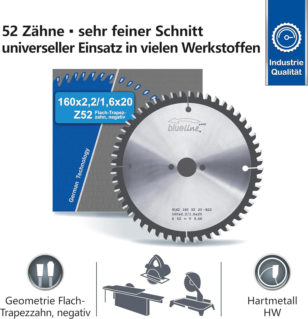 AKE Kreissägeblatt HW ø 160 x 2,2 x 20 mm Z52 Trapezzahn/Flachzahn (FT) positiv