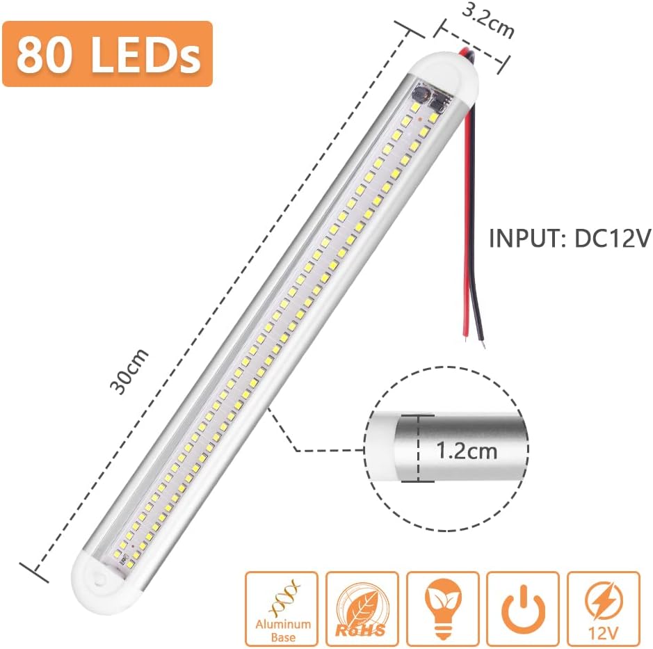 URAQT 80 LED Innenbeluchtung, 2 Stück 12V LED Leiste 1200LM 8W DC LED Innenlichtleiste Mit 2 Verläng