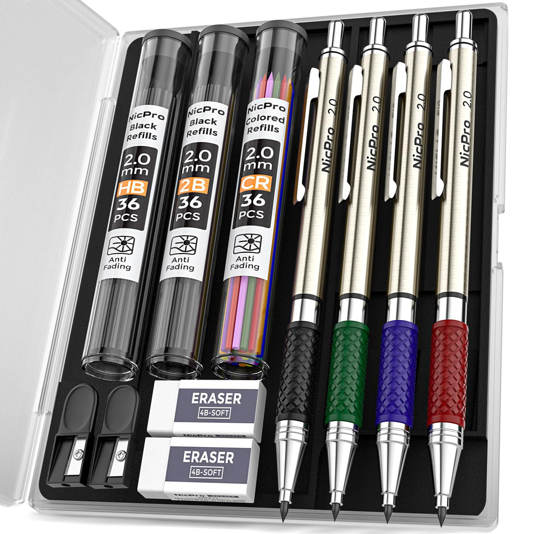 Nicpro 2mm Druckbleistifte Set, 4 Stücke Fallminenstift Metall Mechanische Bleistifte 2,0 mm,3 Dosen