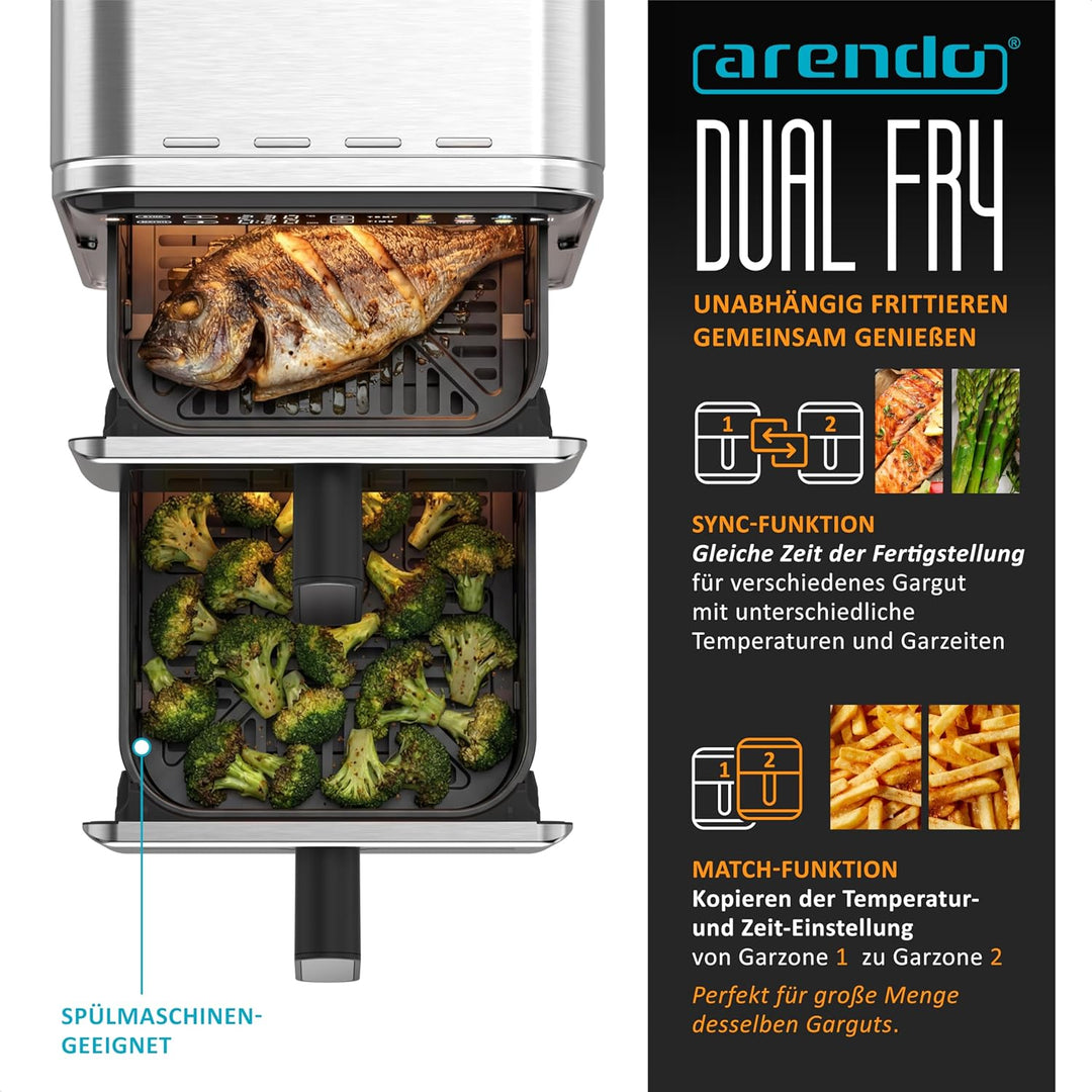 Arendo – Heissluftfritteuse XXL Edelstahlgehäuse - 2 Kammern Doppelstock – 11 Liter Airfryer 2 Zonen