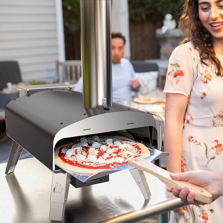 Mimiuo Outdoor Pizzaofen, Pelletofen für den Garten mit automatischem Drehsystem, Holzofen mit Pizza