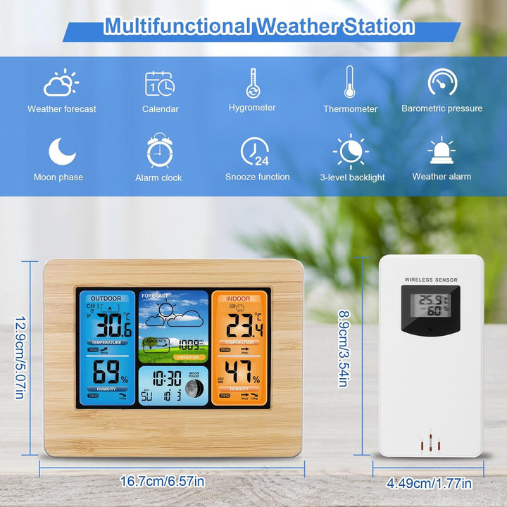 Viitech Wetterstation Funk mit Aussensensor, Grosses Farbdisplay Wireless Digital Wecker Barometer W