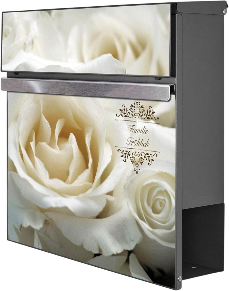 banjado® Briefkasten personalisiert Anthrazit mit Motiv White Roses/Briefkasten mit Zeitungsfach 37x