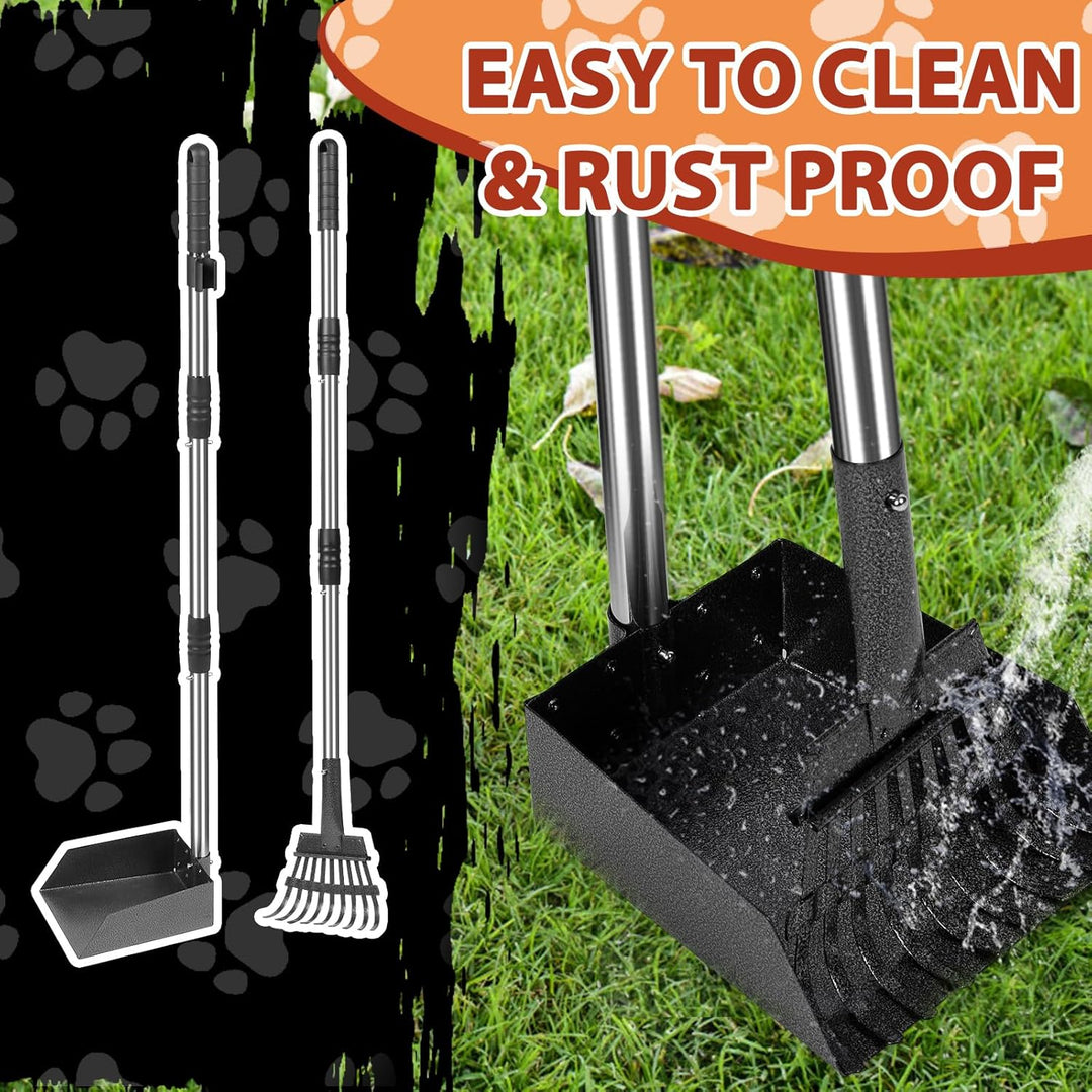 Hundekotschaufel Set mit 96cm langem Griff – Abnehmbares Metalltablett, Rechen für grosse, mittelgro