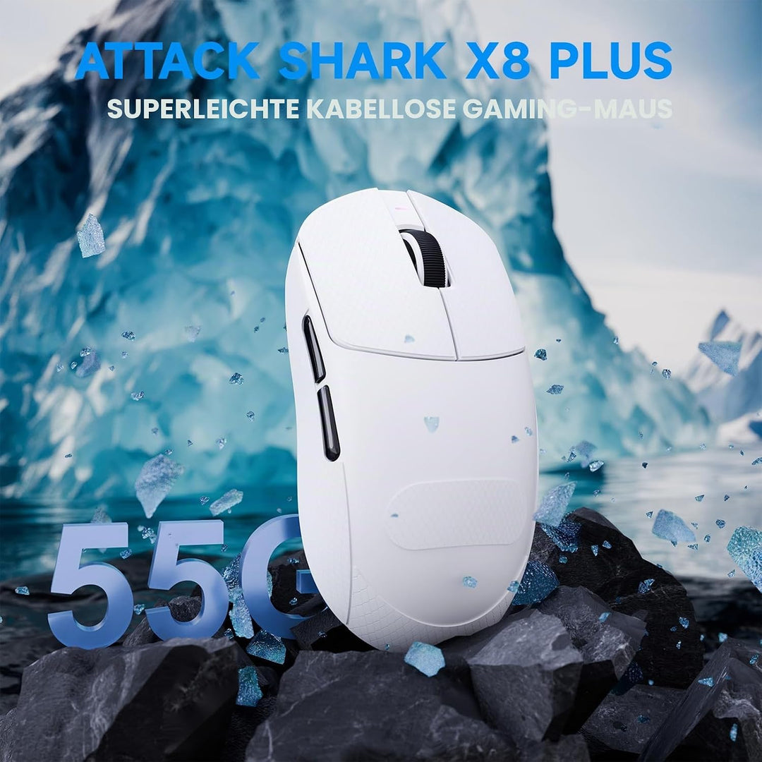 ATTACK SHARK X8 Serie Kabellose Gaming-Maus, 55–65 g Superleicht, PixArt PAW3395/3950 Sensor, BT/2.4