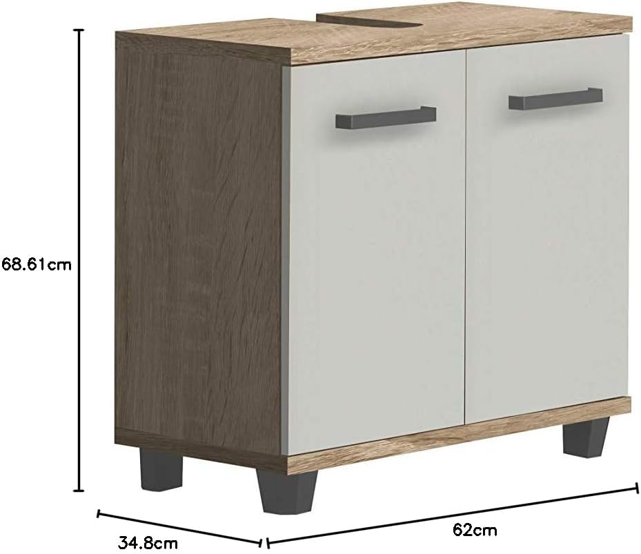 FORTE Veris Waschbeckenschrank mit 2 Türen, Holzwerkstoff, Sonoma Eiche / Weiss Hochglanz, 62 x 68,6