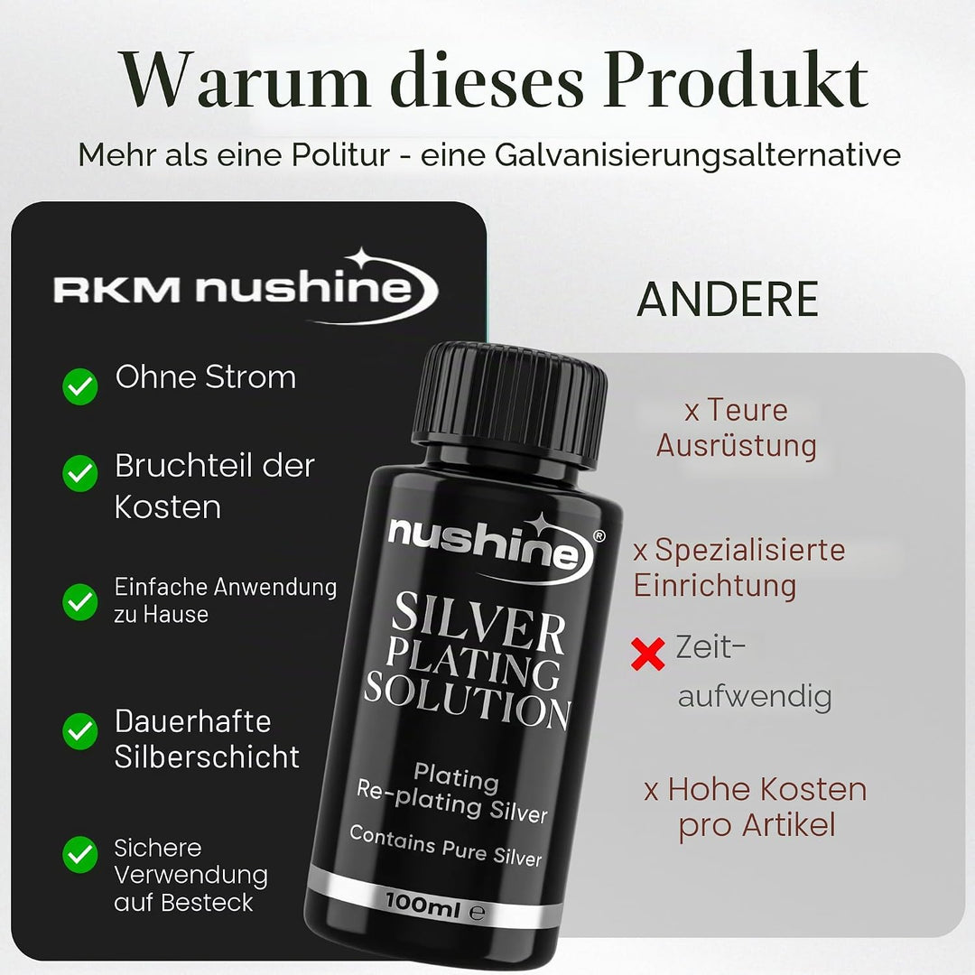 Nushine Versilberungslösung, 50 ml – dauerhaft reines Silber auf abgenutztes Silber, Messing, Kupfer