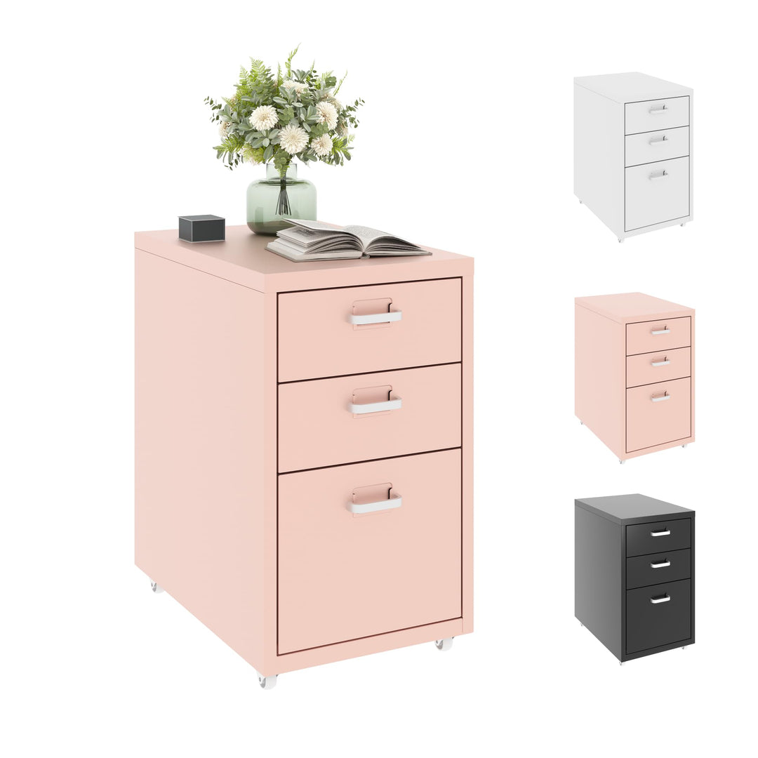 FLEXISPOT Rollcontainer Büroschrank mit 3 Schubladen, Aktenschrank Metallschrank Kommode mit Rädern,