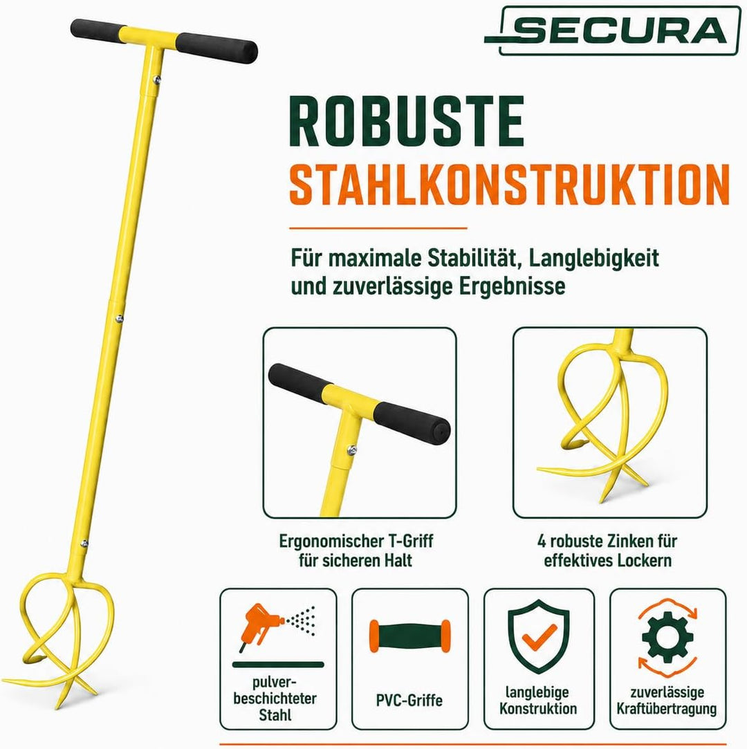 SECURA Gartenkralle und Vertikutierer Handvertikutierer 4 Zinken, höhenverstellbarer Kultivator Erdk