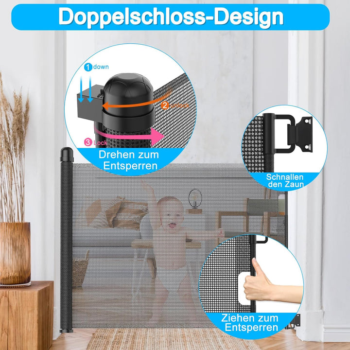 TATIVALO Treppenschutzgitter Ausziehbar 0-150cm Schwarz, Treppenschutzrollo Türschutzgitter für Baby