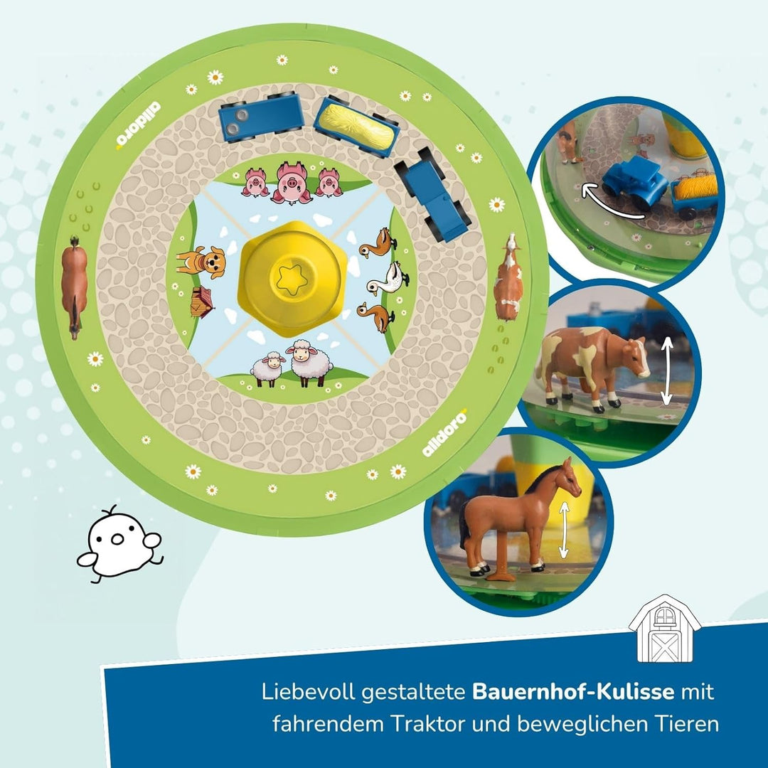alldoro 16802 68020 Kreisel mit fahrendem Traktor und Anhänger, zwei beweglichen Tieren und realisti