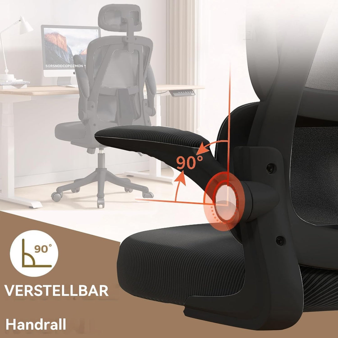 Ergonomischer Bürostuhl – Schwarz | Hochlehner Netz-Bürostuhl mit Lendenstütze,Klappbaren Armlehnen